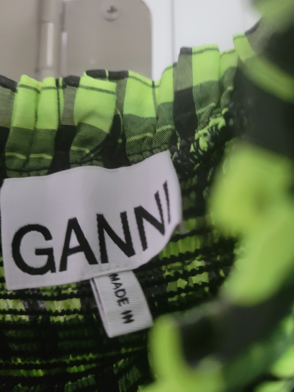Ganni Neon Green and Black Plaid Smocked Maxi Dress - Picture 4 of 7